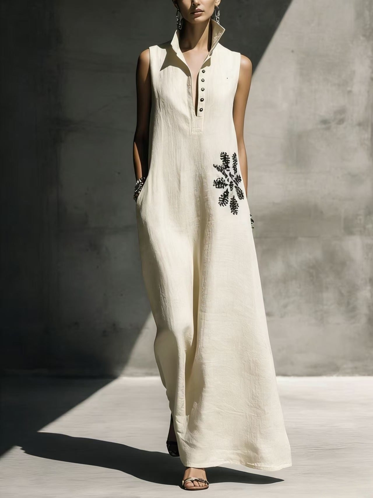 Heat-transfer Graphic Pocket Casual Mandarin-collar Cotton-linen Dress