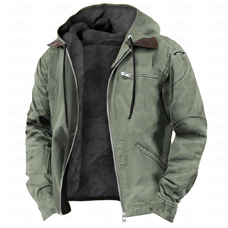 Winter Hooded Coat With Pockets Fashion Warm Fleece Zip-up Jacket Casual Outwear Men&