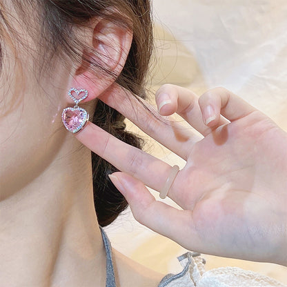 New Light Luxury Premium Feeling Pink Crystal Heart Earrings For Women Girls Niche Design Earrings Birthday Jewellery Gift