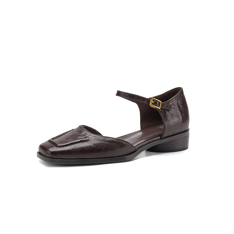 Handmade Full-Grain Sheepskin Mary Jane Sandals, Vintage Square Toe Low Block Heel Shoes