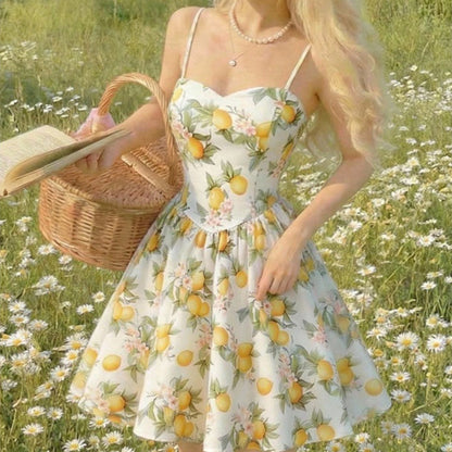 Womens Lemon Floral Slip Dress With Waist-Cinching Design Open Back And Bow For Vacation