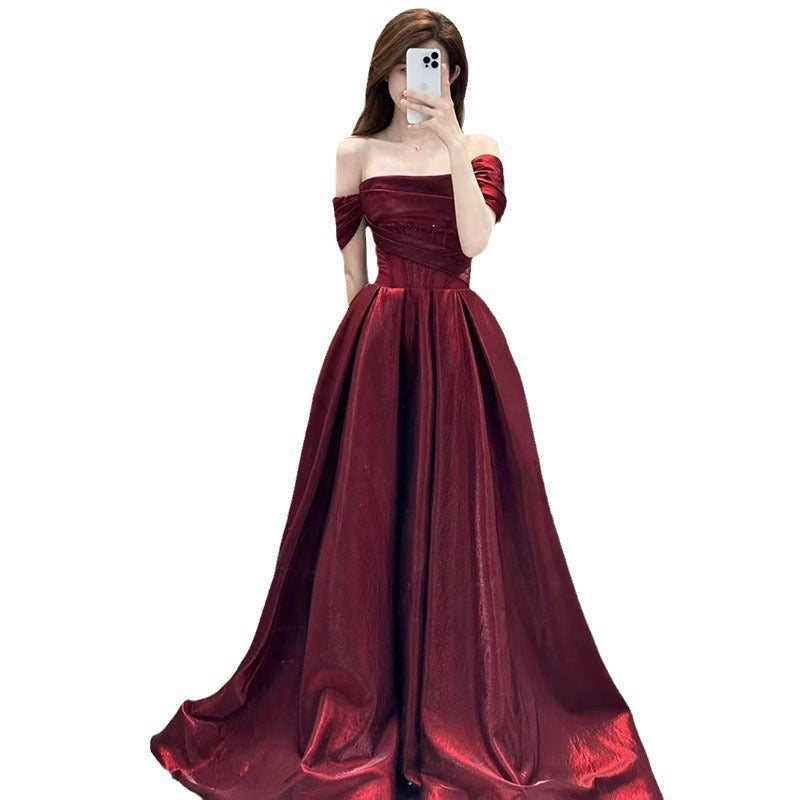 Wine Red Off-shoulder French Suit Bridal