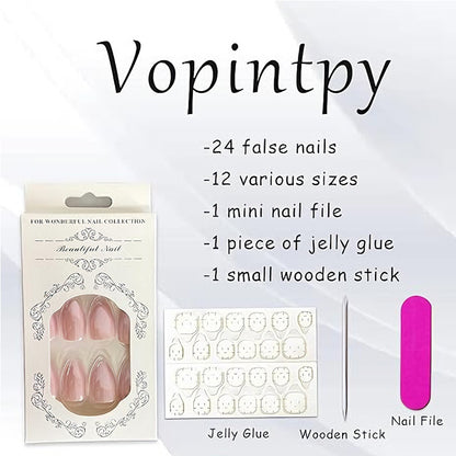 24 PCS Aurora Powder Nail Art, Length Long Water Pipe Fake Nails, Had Nail Tips False Nail