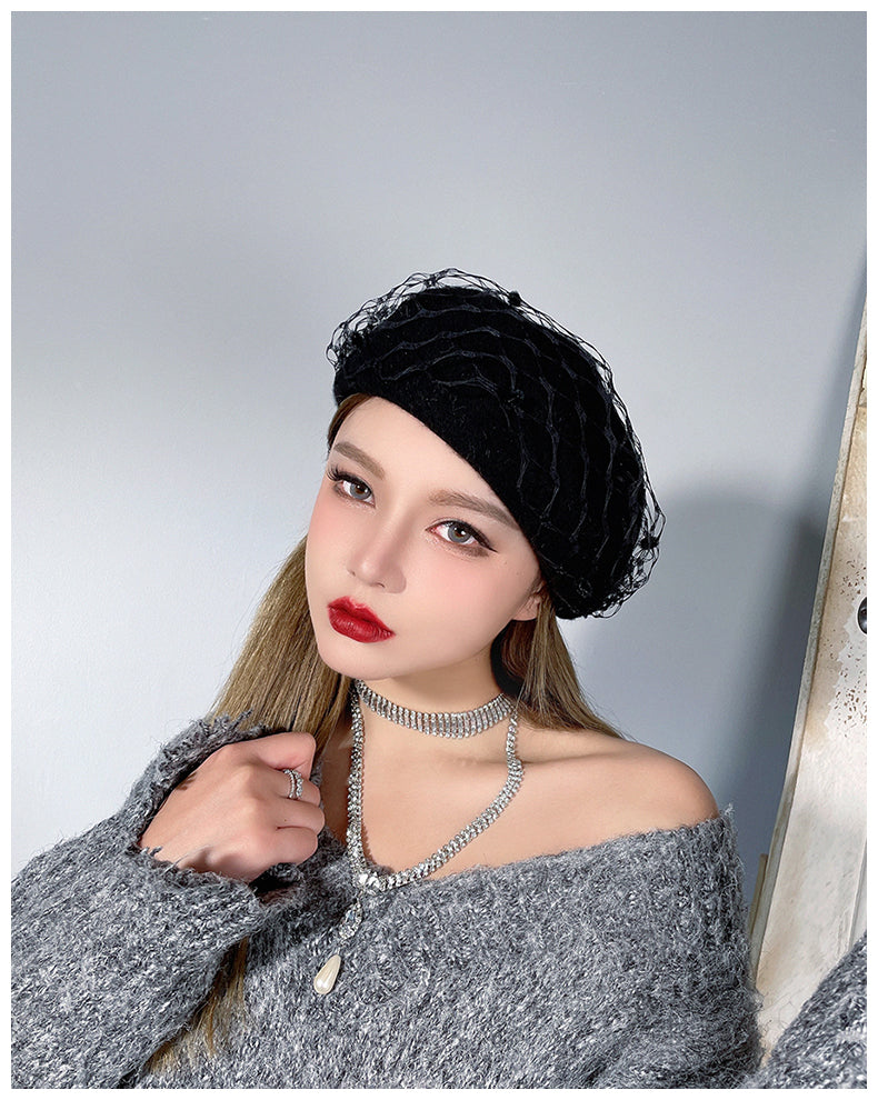 Vintage French Mesh Veil Pom Pom Versatile Wool Beret