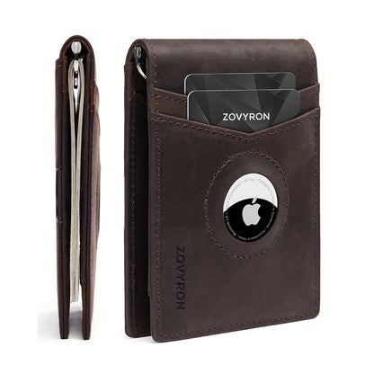 Mens Wallet Genuine Leather Slim Bifold Wallet With Airtag Holder, RFID Blocking, Front Pocket Wallet With Money Clip,ID Window Credit Card Holder