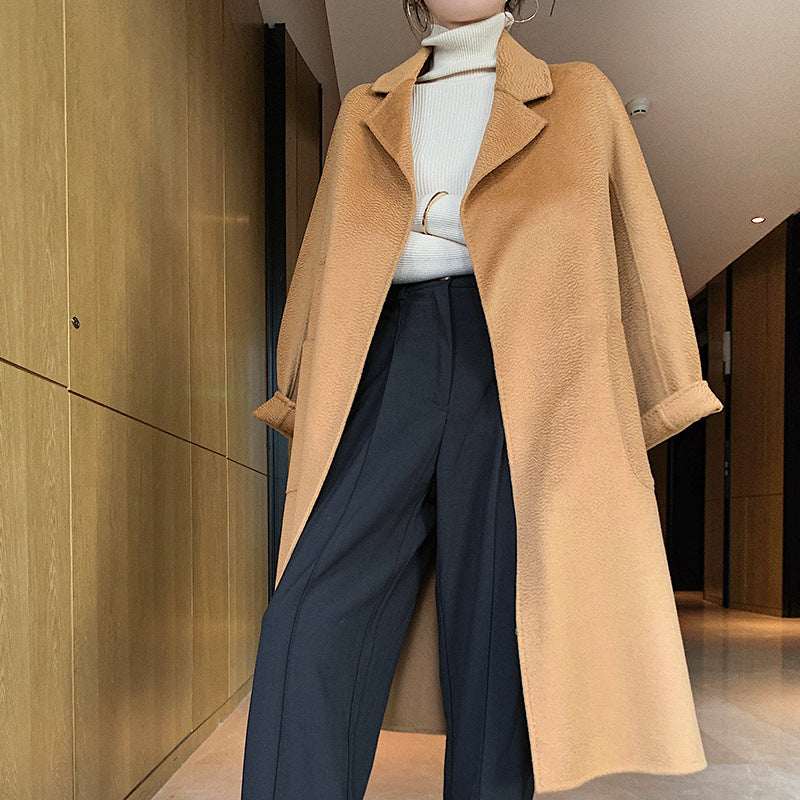Long Lace-up Waist Woolen Woolen Coat