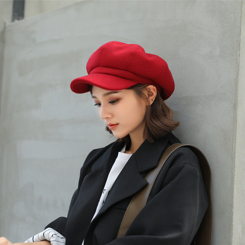 Woolen Octagonal Hat Young Woman Painter Peaked Beret