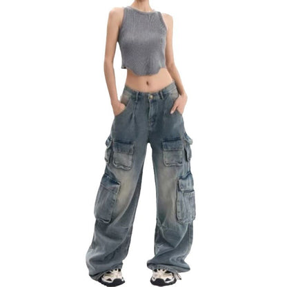 Womens Workwear Distressed Design Floor-Length Trousers