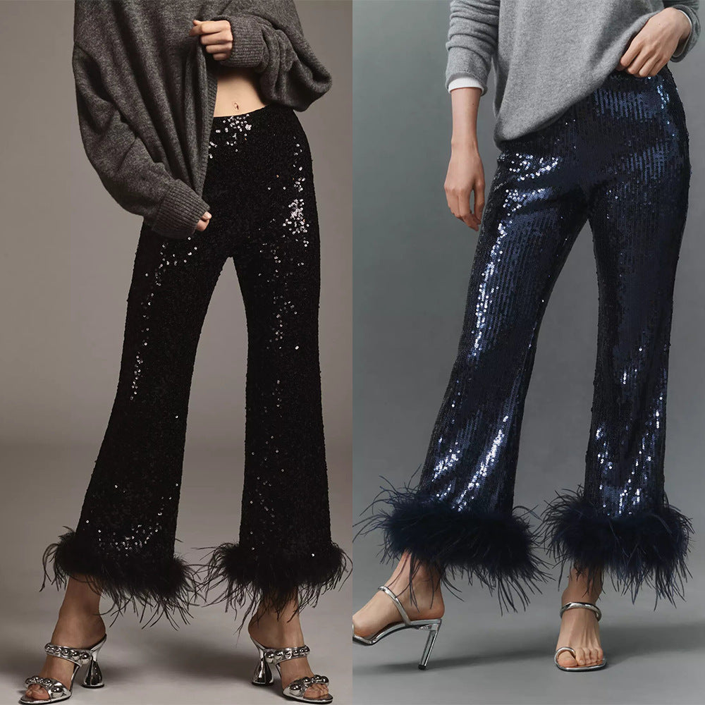 Sequin Fringed Low Rise Slim Fit Pants