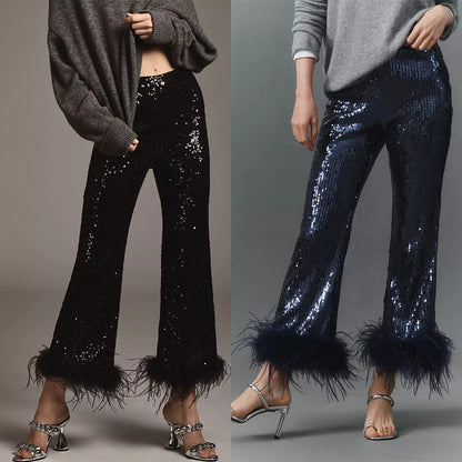 Sequin Fringed Low Rise Slim Fit Pants