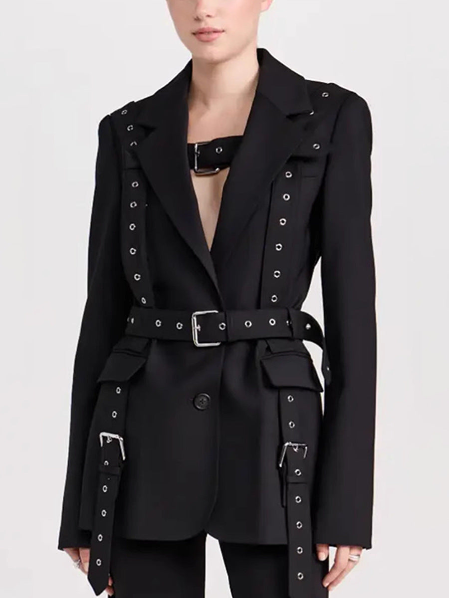 Fashionable Temperament Rivet Buckle Decorative Design Tight Waist Slimming Suit Coat Women&