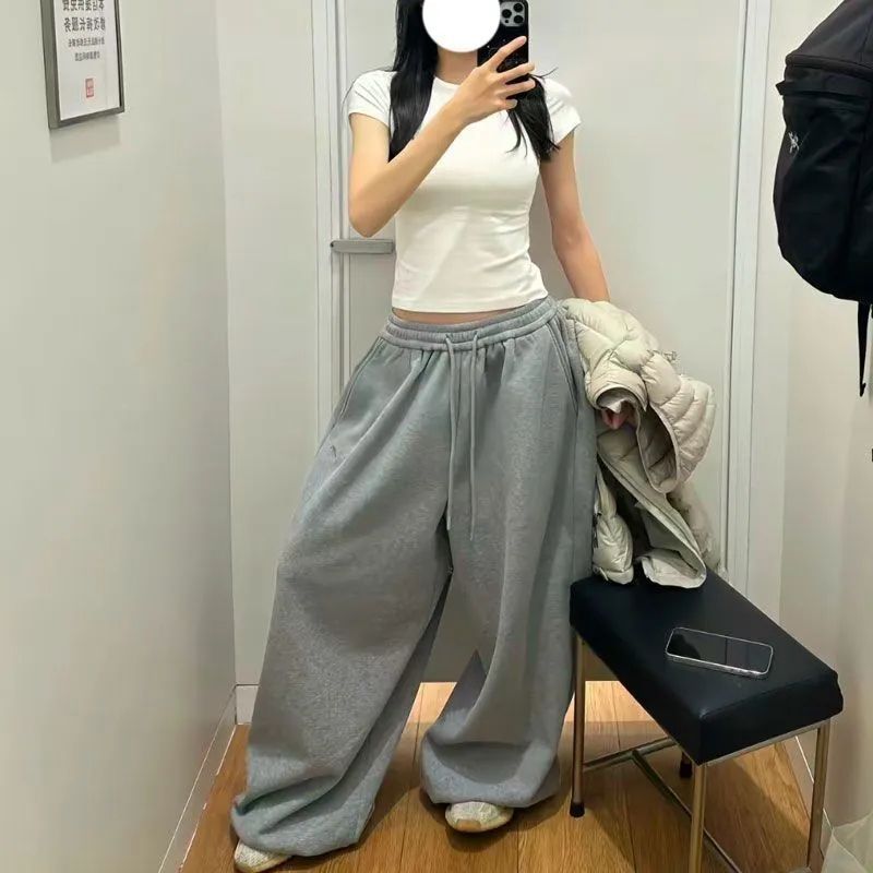 Retro Laid-back Style Casual Sweatpants Wide-leg Loose-fit