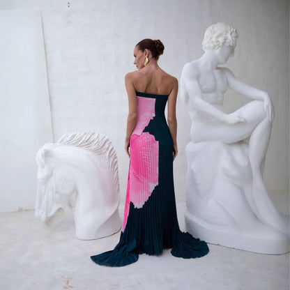 Womens Pleated Printed Backless Tube Dress
