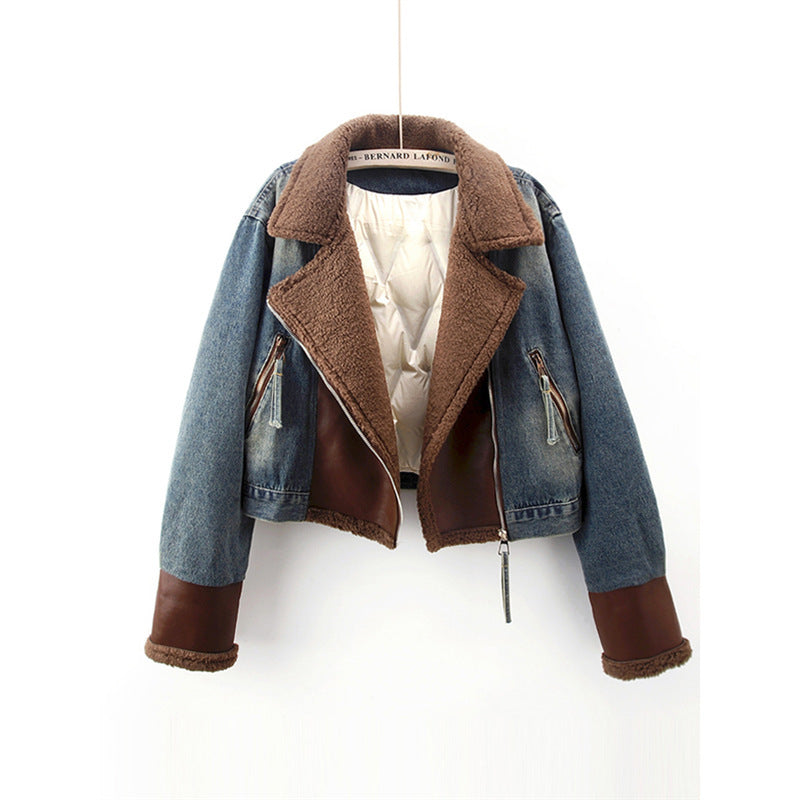Lamb Wool Stitching Lightweight Down Liner Fleece-lined Denim Coat Women&