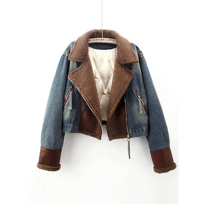 Lamb Wool Stitching Lightweight Down Liner Fleece-lined Denim Coat Women&