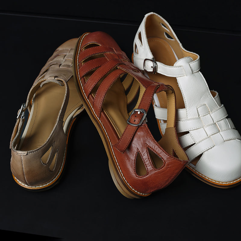 Premium Washed Full Grain Leather Fisherman Sandals, Closed-Toe Woven T-Strap Flats