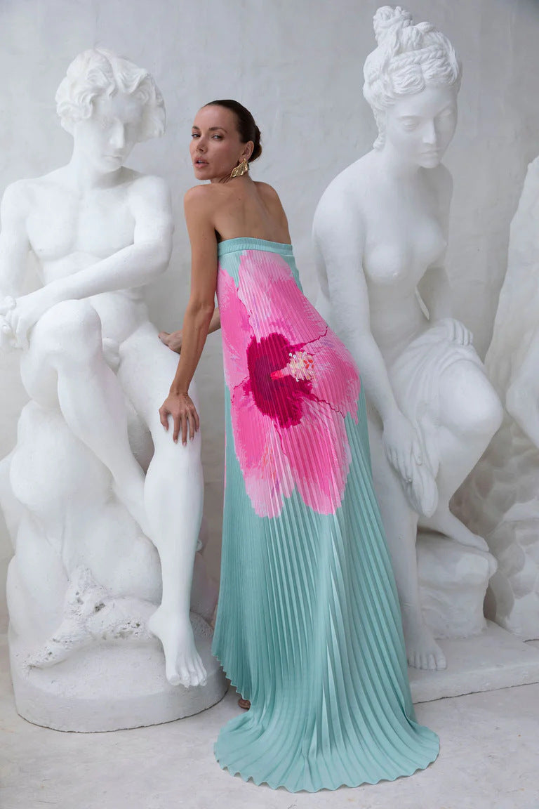 Womens Pleated Printed Backless Tube Dress