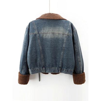 Lamb Wool Stitching Lightweight Down Liner Fleece-lined Denim Coat Women&