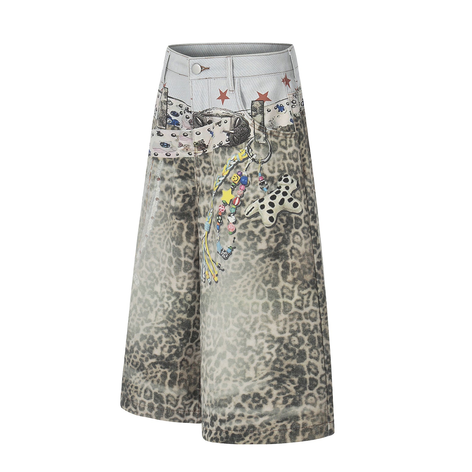 Retro Leopard-Print Wide-Leg Cropped Denim Pants Womens Loose Casual Style