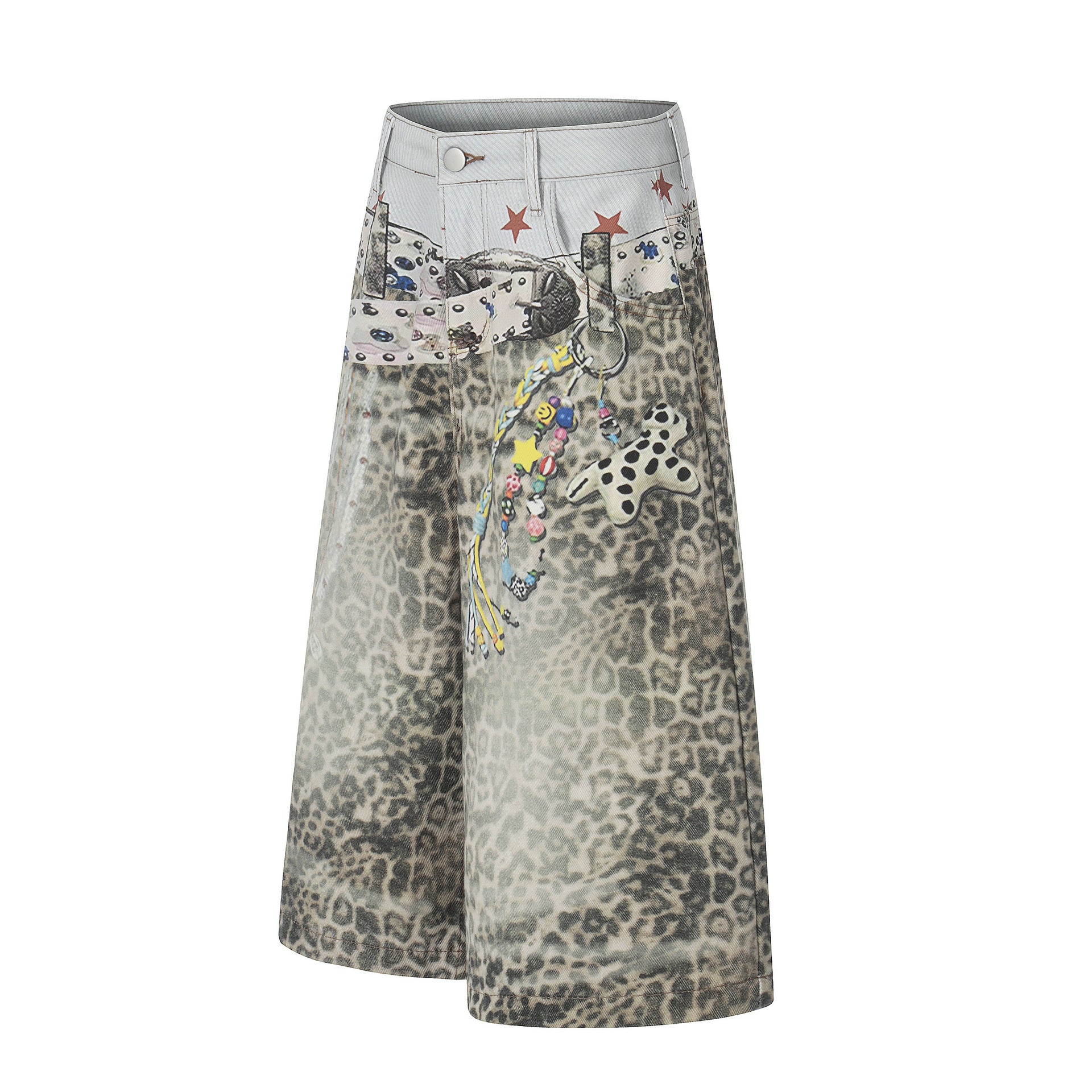 Retro Leopard-Print Wide-Leg Cropped Denim Pants Womens Loose Casual Style