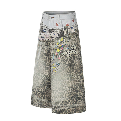 Retro Leopard-Print Wide-Leg Cropped Denim Pants Womens Loose Casual Style