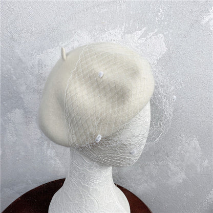 Vintage French Mesh Veil Pom Pom Versatile Wool Beret