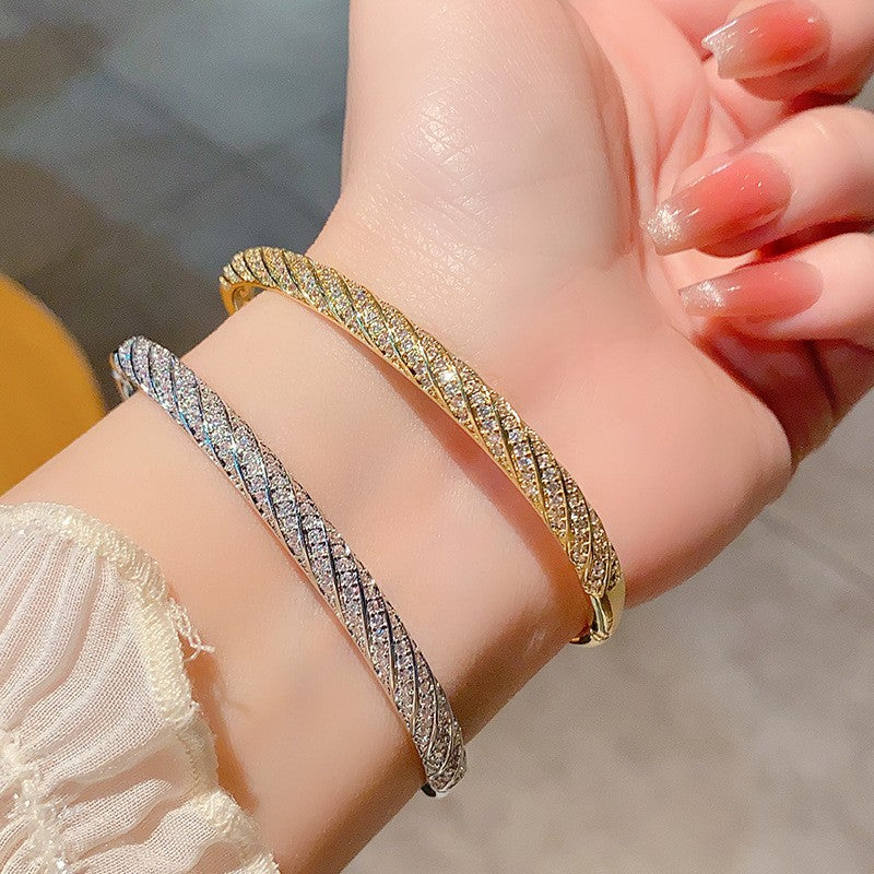 Diamond-encrusted Rhombus Bangle Smooth Surface Crisscross Design