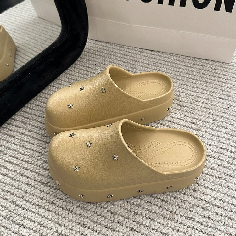 2026 New Spring Summer Women Closed Toe Half Slippers, Minimalist Design Metal Star Decor Platform Height Increasing Birken Style Comfort Outdoor Slides