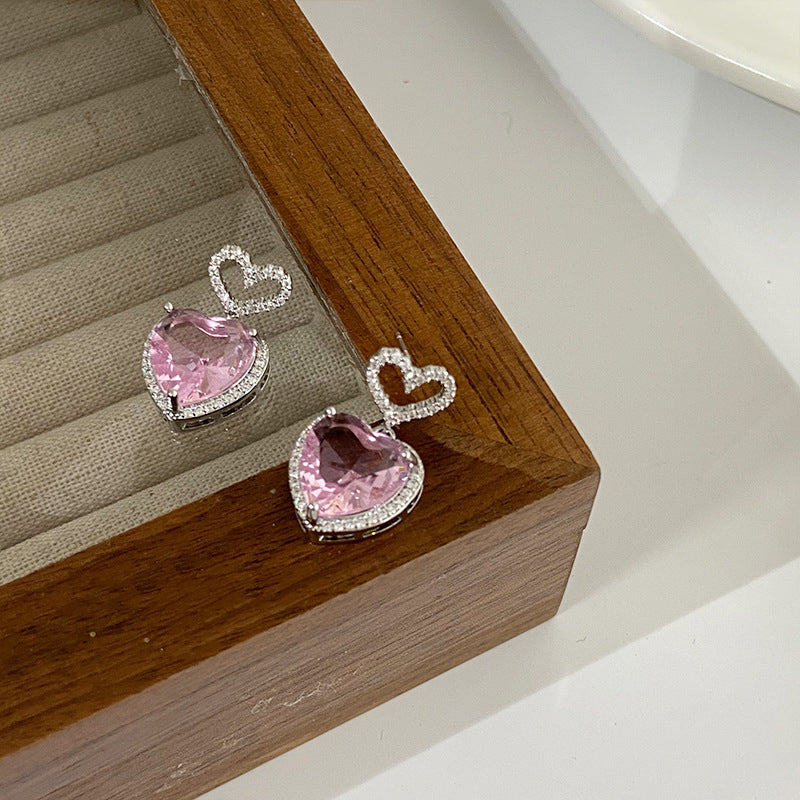 New Light Luxury Premium Feeling Pink Crystal Heart Earrings For Women Girls Niche Design Earrings Birthday Jewellery Gift
