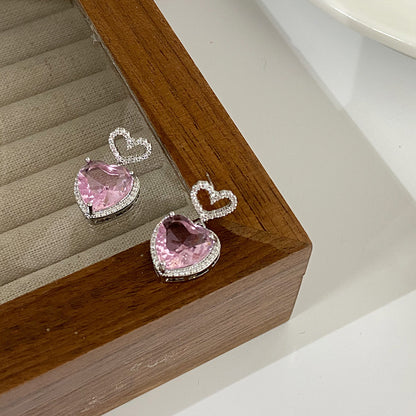 New Light Luxury Premium Feeling Pink Crystal Heart Earrings For Women Girls Niche Design Earrings Birthday Jewellery Gift