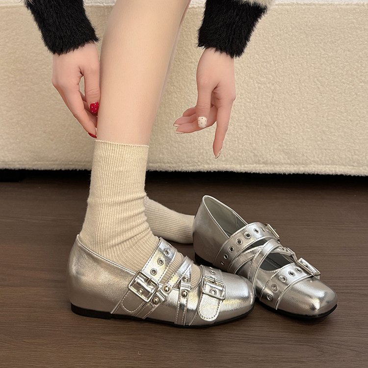 Silver Mary Jane Single Shoe Spring New Ballet Style German Training Shoes Square Toe Small Leather