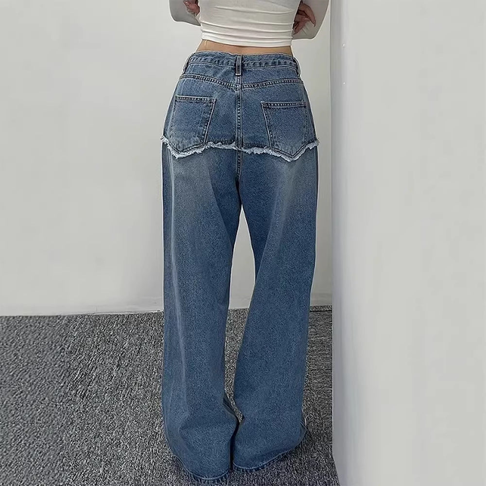Drawstring-attached Patchwork-design Relaxed-fit Raw-hem Wide-leg Pants