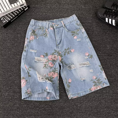 Summer Retro Floral Print Ripped Denim Shorts