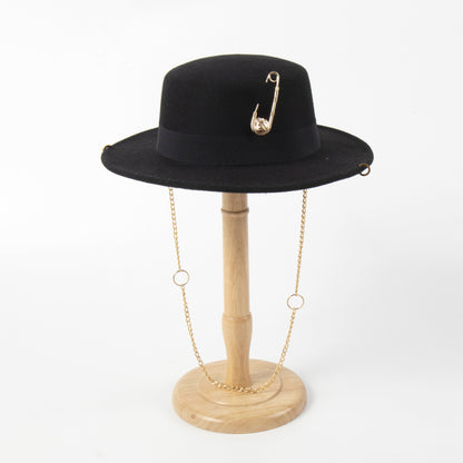 Female Felt Cap Pin Chain Decoration Flat Top Hat