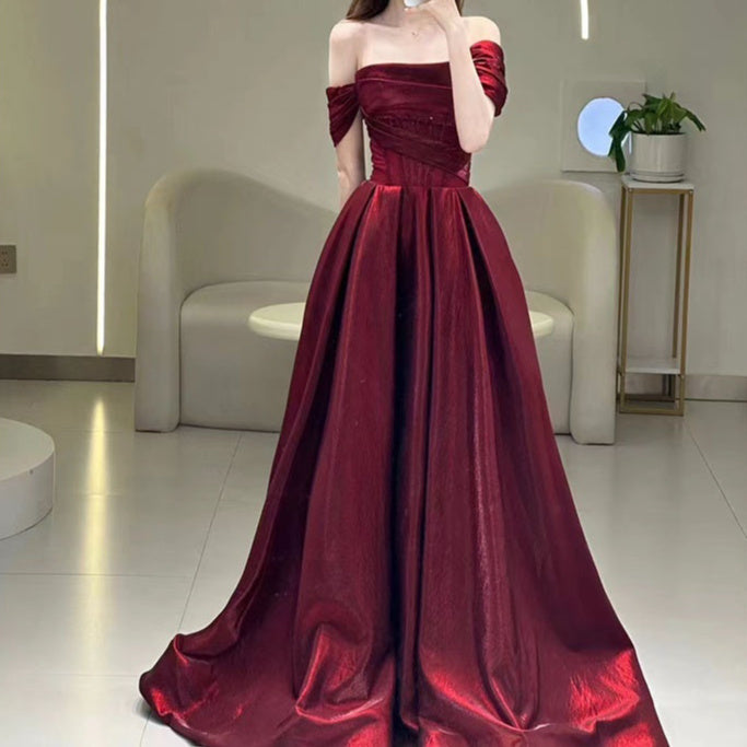 Wine Red Off-shoulder French Suit Bridal