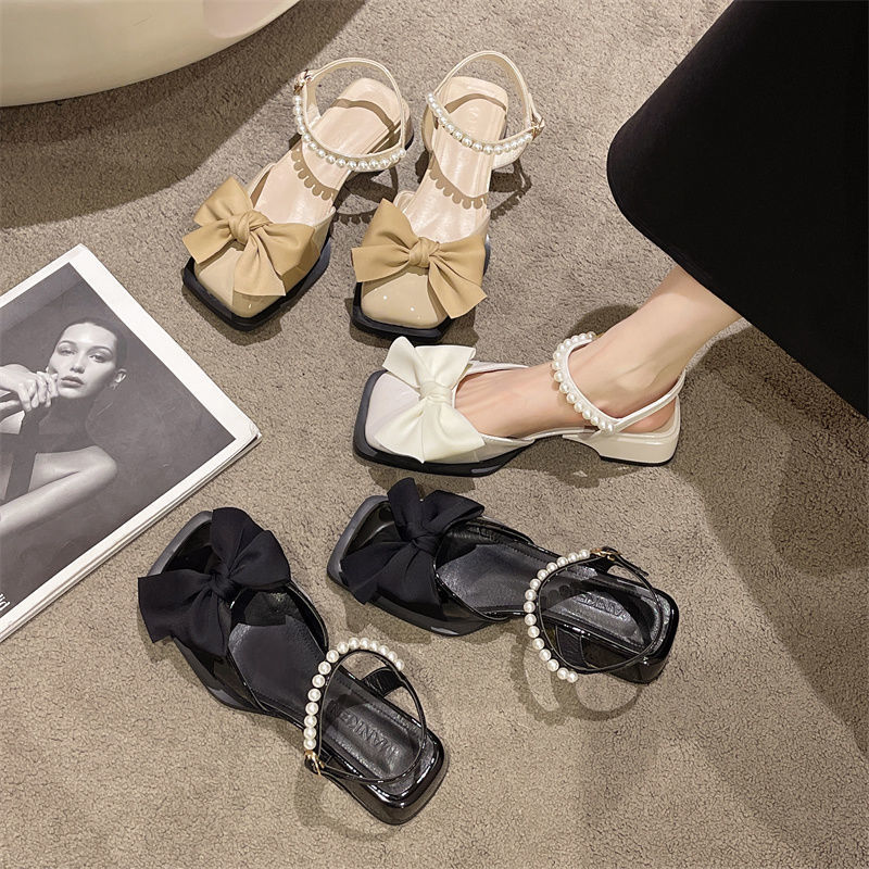 Summer Bow-Knot Pearl Low-to-Mid-Heel Leather Shoes