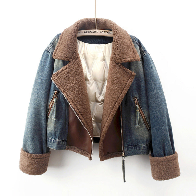 Lamb Wool Stitching Lightweight Down Liner Fleece-lined Denim Coat Women&