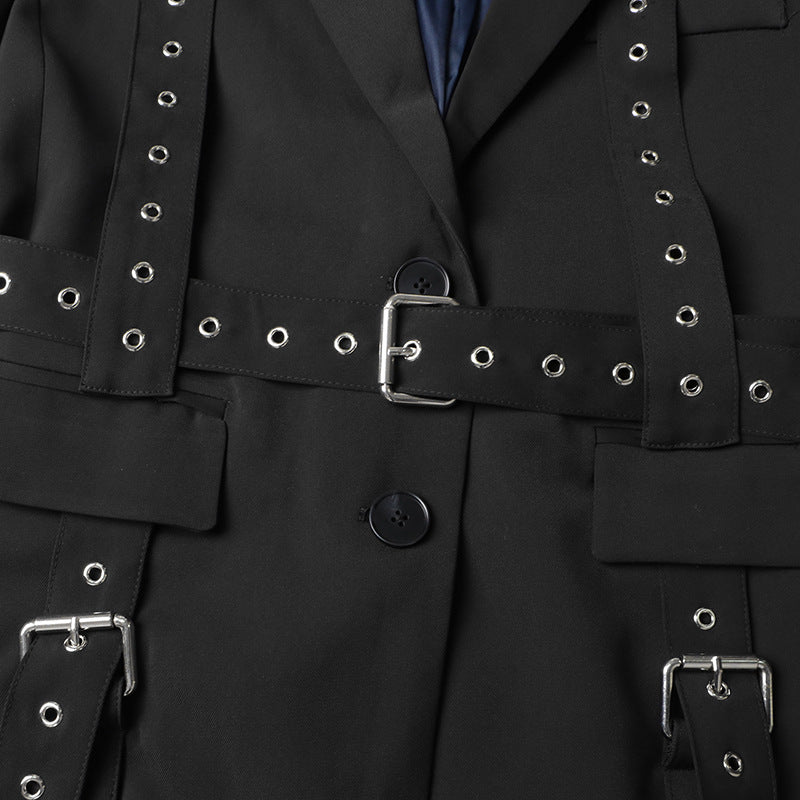 Fashionable Temperament Rivet Buckle Decorative Design Tight Waist Slimming Suit Coat Women&