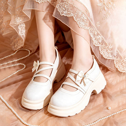 Sweet Bow Platform Mary Jane Shoes, Ivory Chunky Sole Pumps For Daily Wear