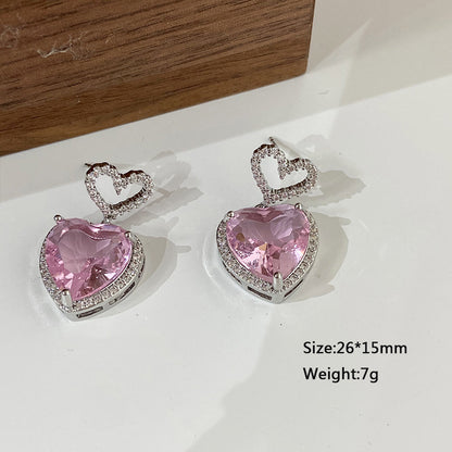 New Light Luxury Premium Feeling Pink Crystal Heart Earrings For Women Girls Niche Design Earrings Birthday Jewellery Gift
