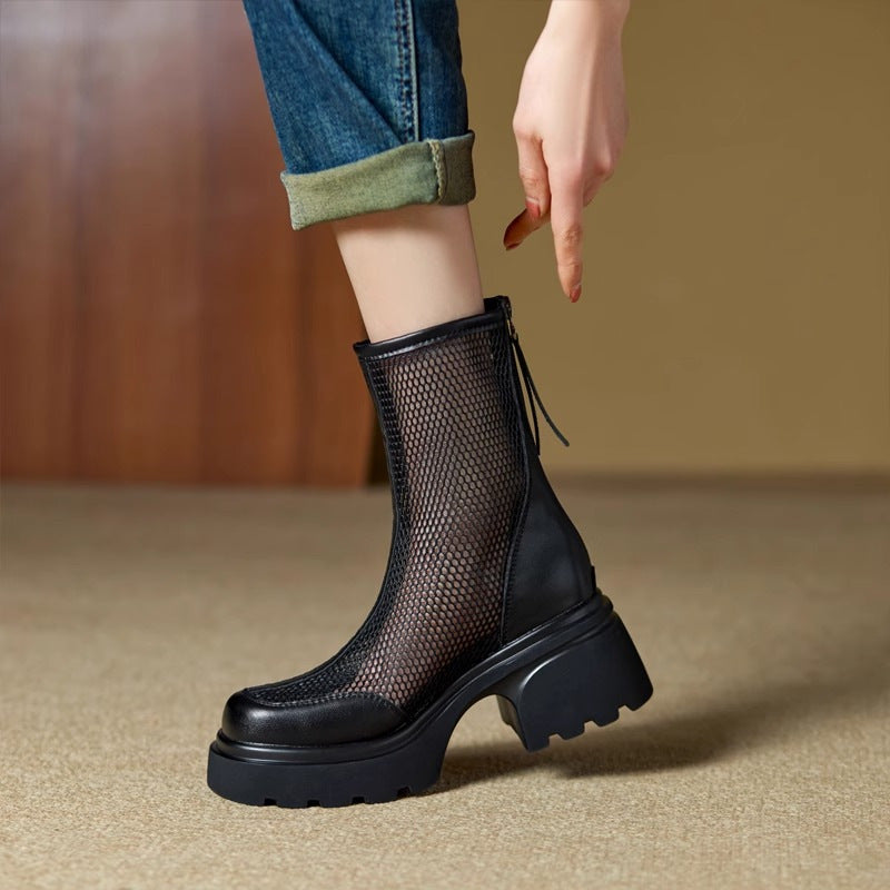 Summer Hollow Out Breathable Mesh Platform Chunky Heel Boot