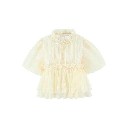 Stand-up Collar Puff Sleeves Fitted Waist Single-breasted Short Sleeves
