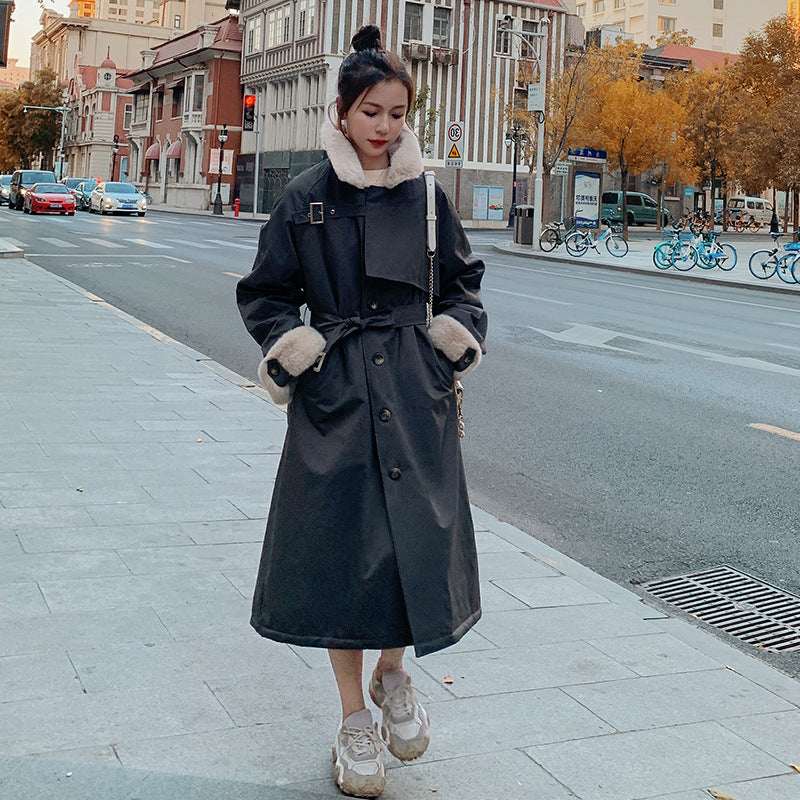 New Style Over-knee Lapel Waist Fashionable Cotton Coat
