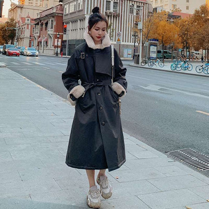 New Style Over-knee Lapel Waist Fashionable Cotton Coat