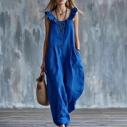 Womens Solid-Colored Sleeveless Button-Down Jumpsuit