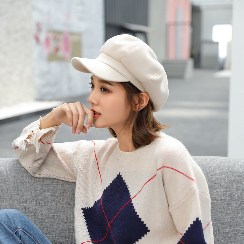 Woolen Octagonal Hat Young Woman Painter Peaked Beret