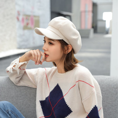 Woolen Octagonal Hat Young Woman Painter Peaked Beret