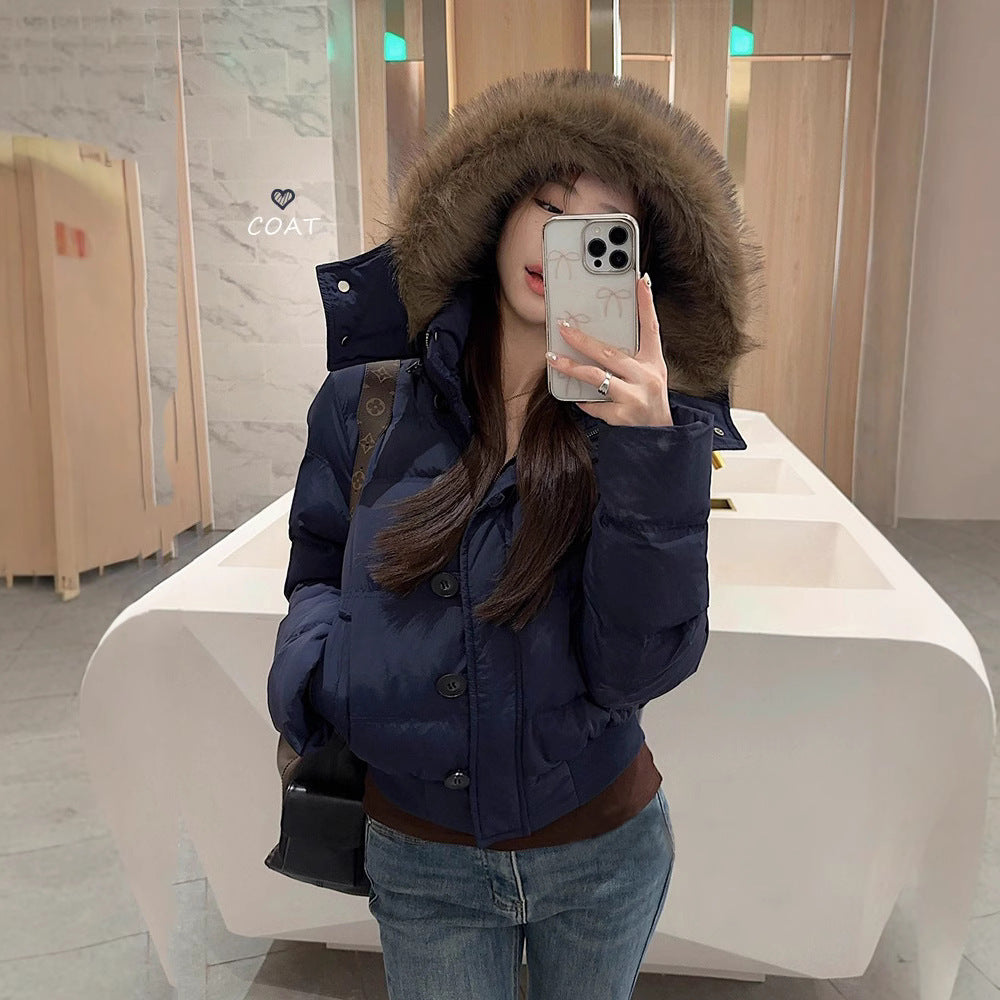 Big Fur Collar Hooded Short Down Jacket Women&